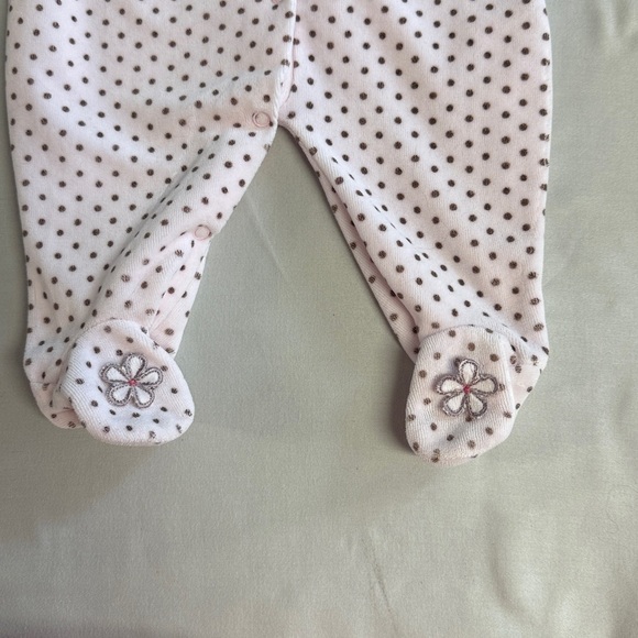 Adorable Pink Polka Dot Velour Onesie Sleeper/Romper with floral accents - Picture 3 of 5